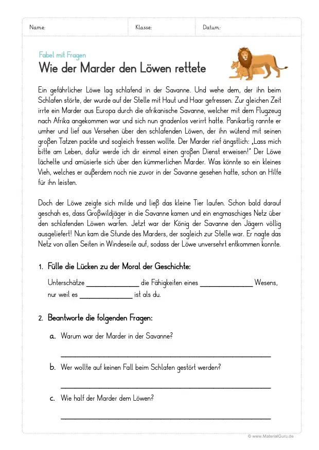 Deutsch Fabeln übungen Klasse 6 Zum Ausdrucken