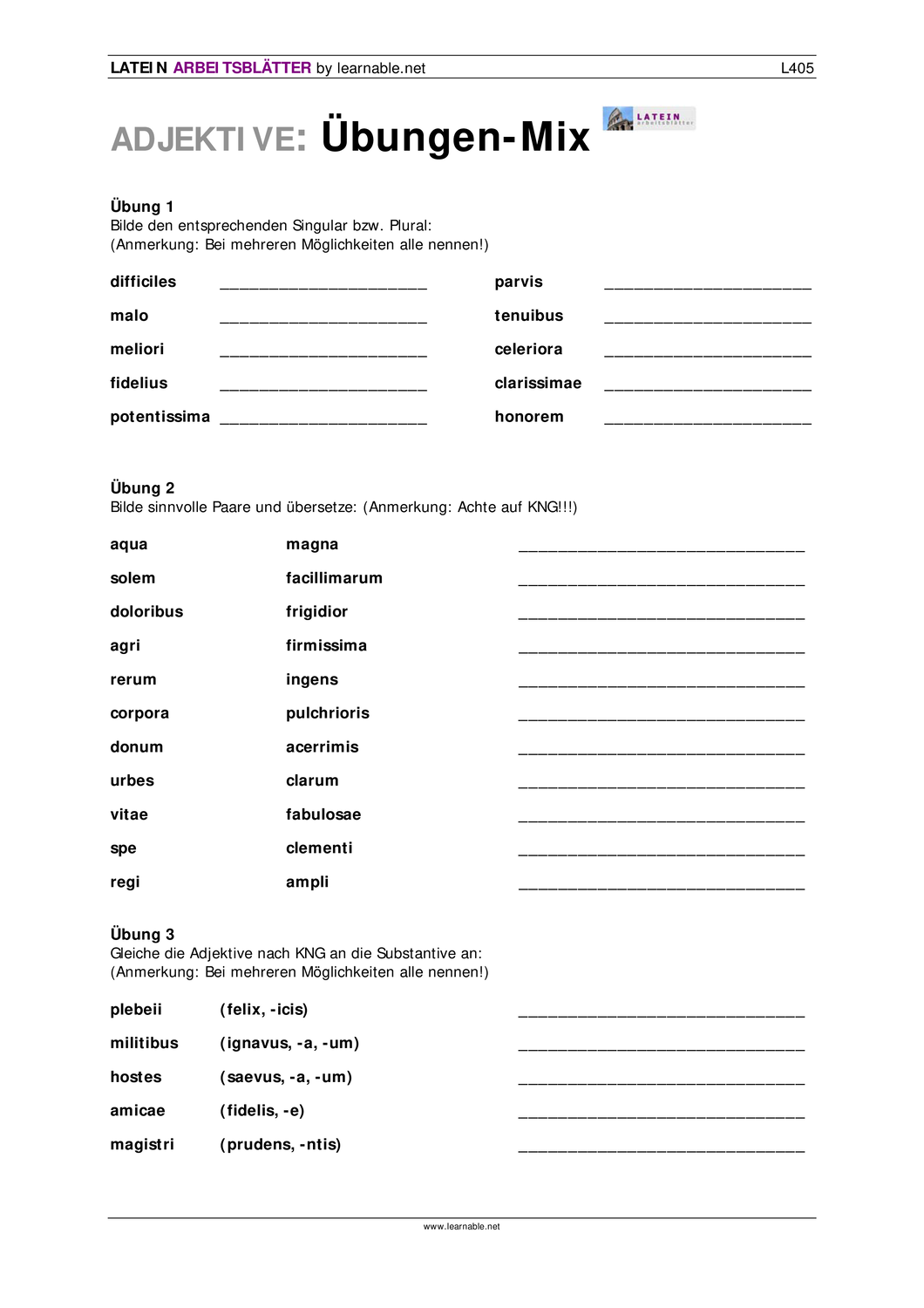 Latein Klasse 6 Grammatik übungen Ausdrucken