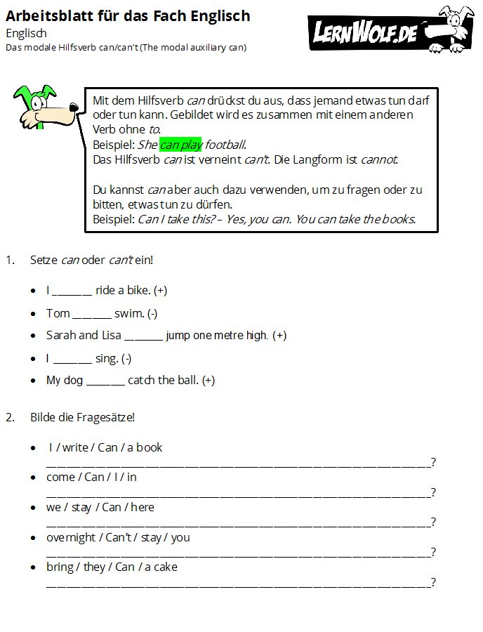 Englisch übungen Can Can T Zum Ausdrucken
