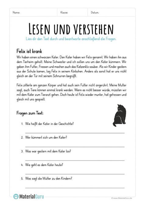 Textverständnis Deutsch 6 Klasse übungen Zum Ausdrucken