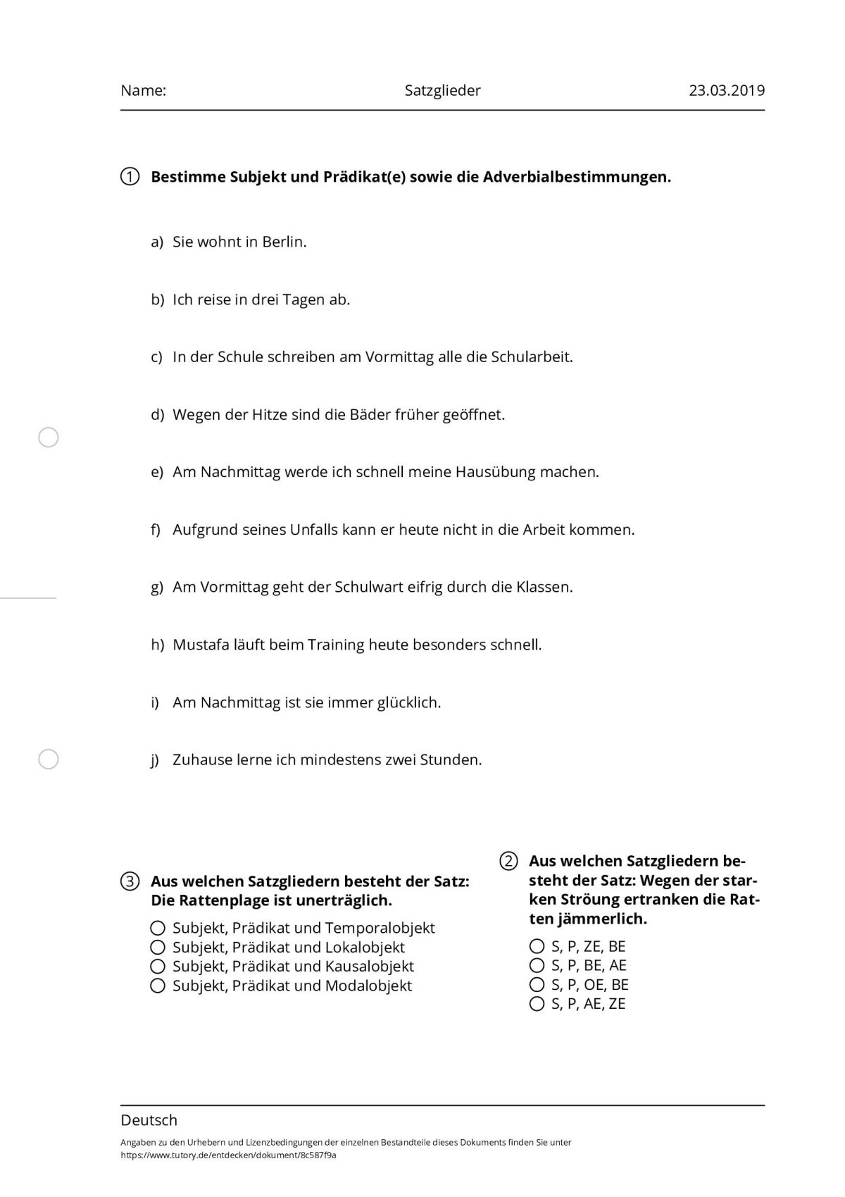 Deutsch übungen Satzglieder Klasse 7 Zum Ausdrucken