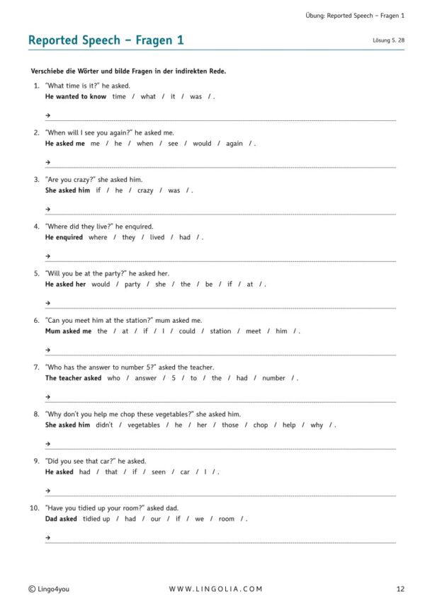 Reported Speech übungen Mit Lösungen Zum Ausdrucken Kostenlos