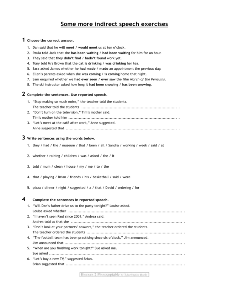 Indirect Speech übungen Zum Ausdrucken