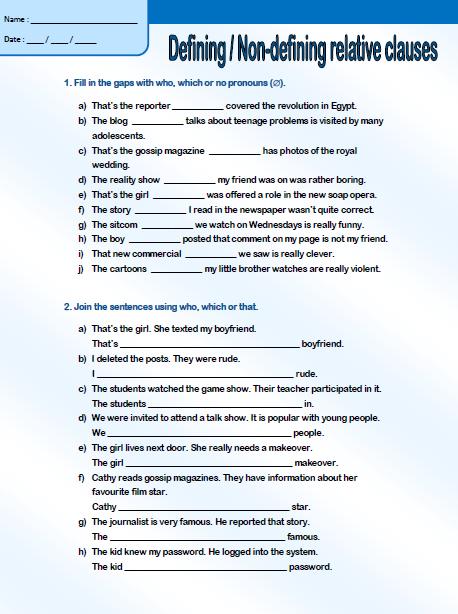 Englisch Grammatik Defining And Non Defining Relative Clauses übungen Ausdrucken