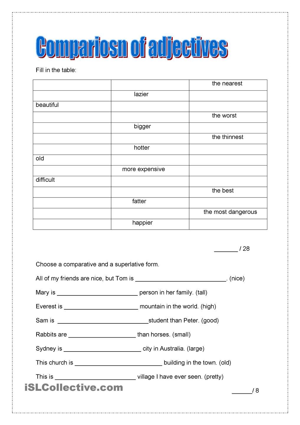 Comparison Of Adjectives übungen 6 Klasse Zum Ausdrucken