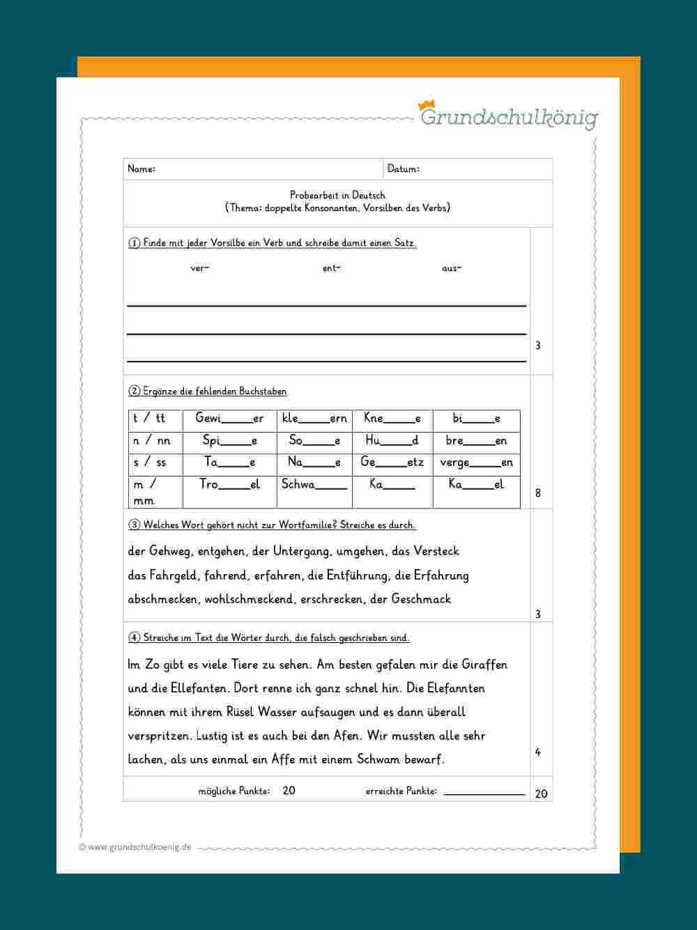 Wissen Deutsch 4 Klasse übungen Zum Ausdrucken