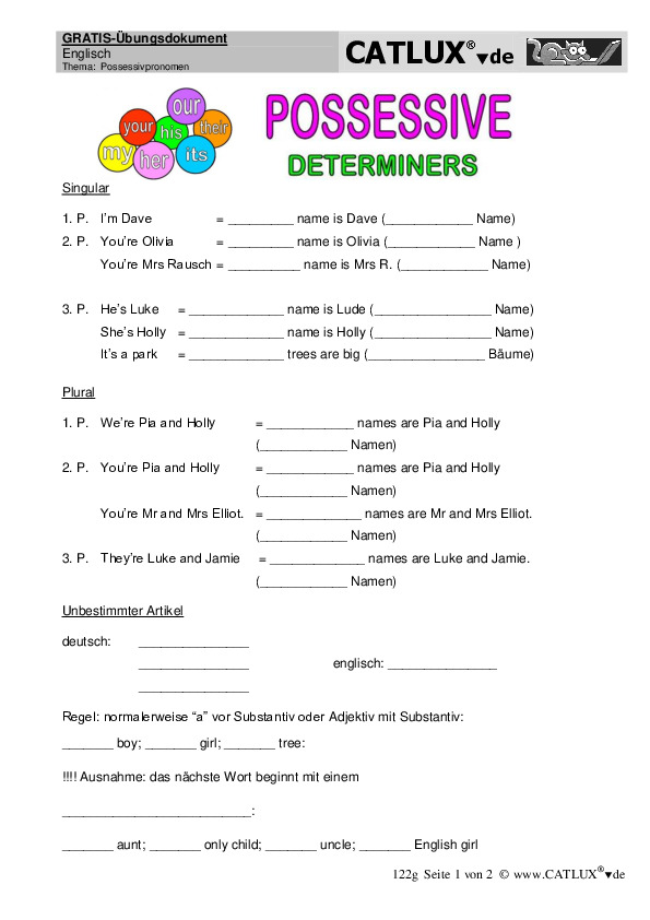 Englisch übungen Possessive Determiners Ausdrucken