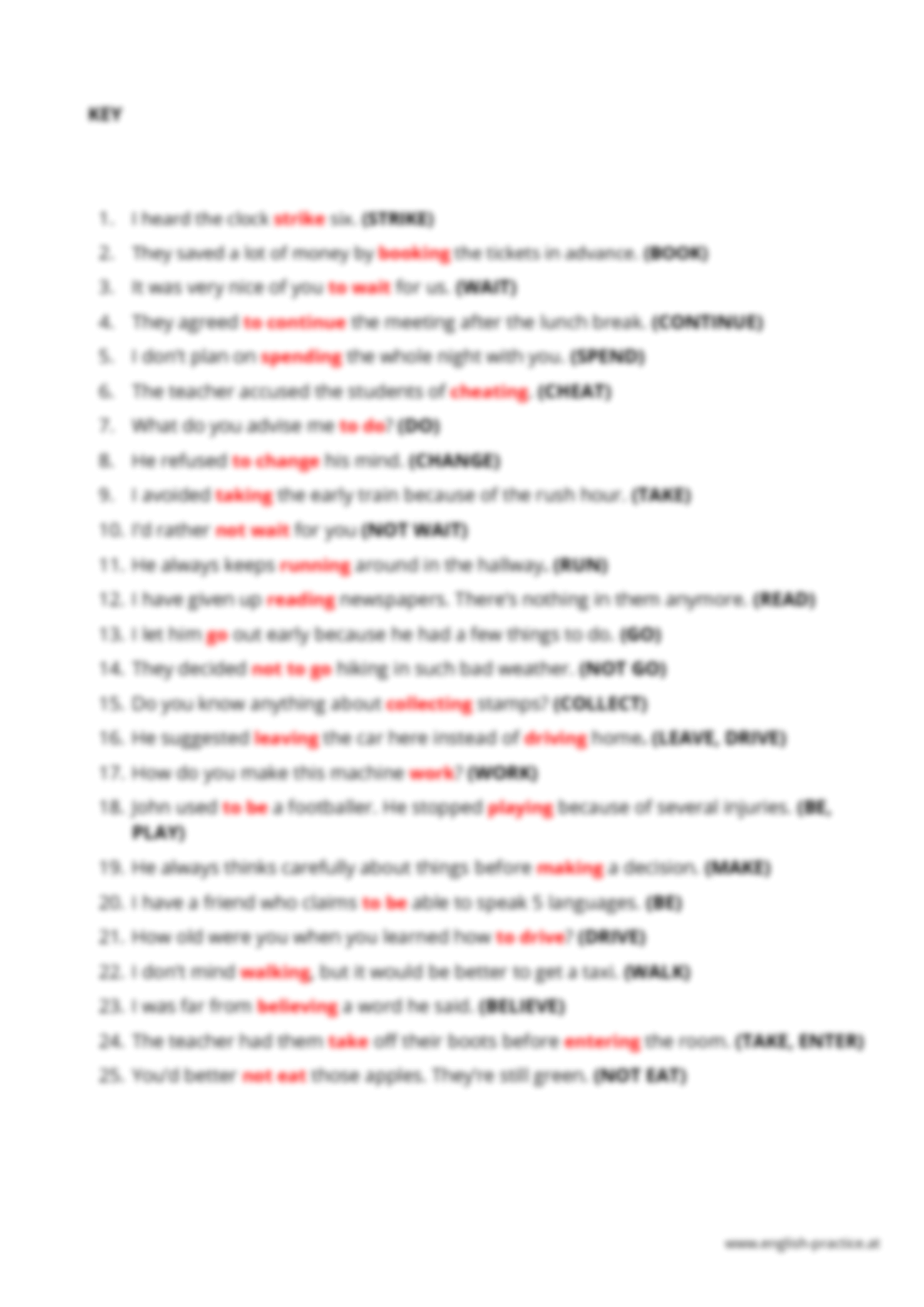 Gerund Infinitive übungen Ausdrucken