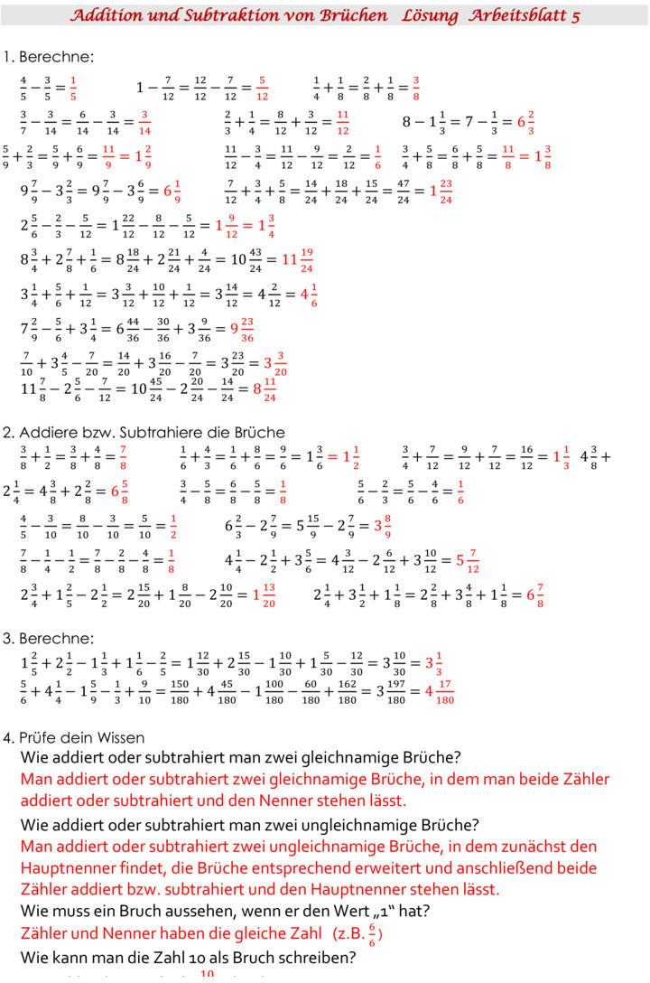 Bruchrechnen übungen Mit Lösungen Zum Ausdrucken