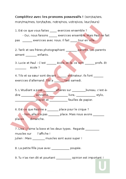 Possessivbegleiter Französisch übungen Klasse 6 Zum Ausdrucken