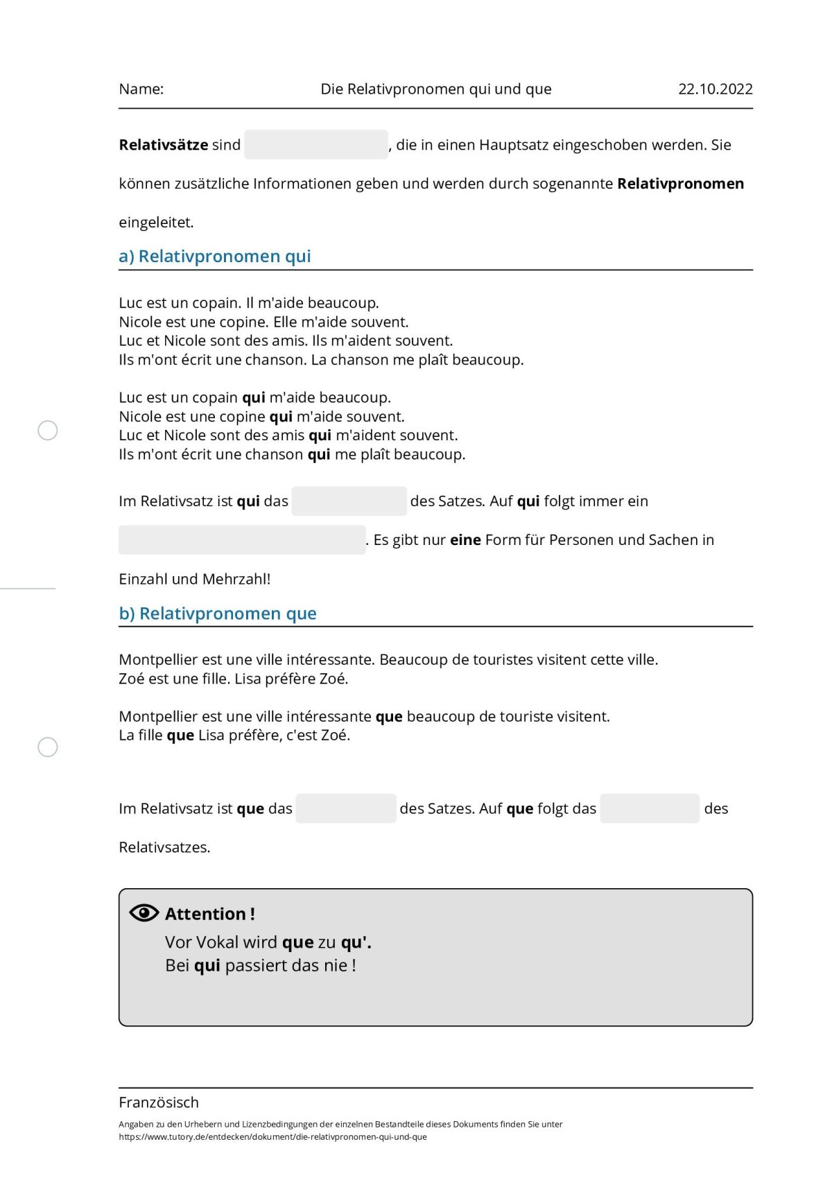 Qui Und Que übungen Zum Ausdrucken