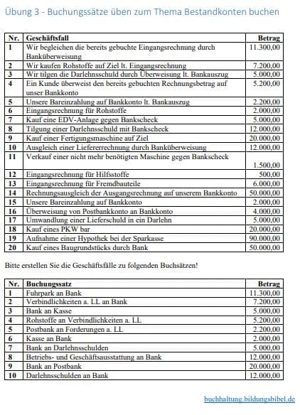 Einfache Buchungssätze übungen Zum Ausdrucken
