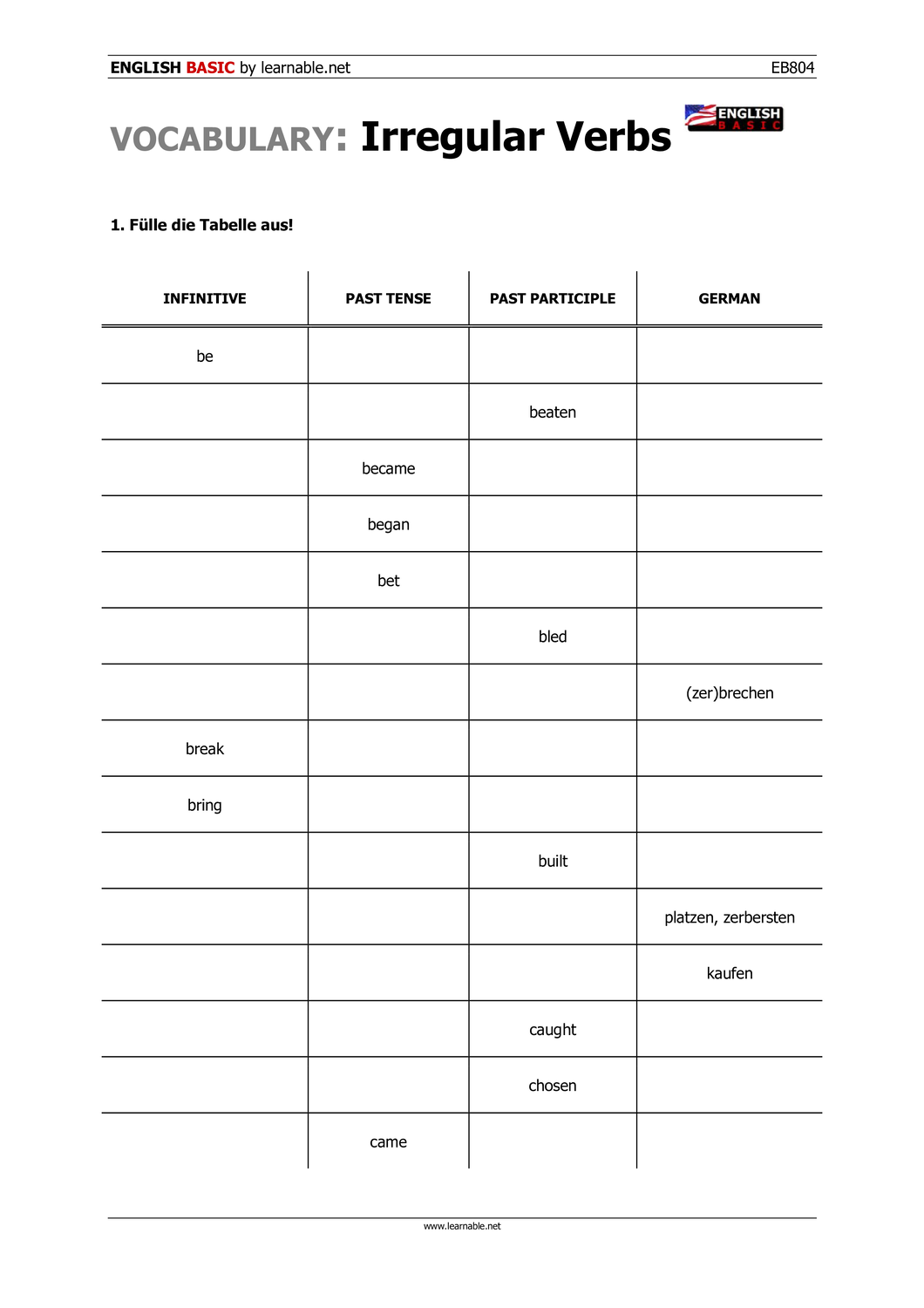übungen Zu Den Participles Zum Ausdrucken