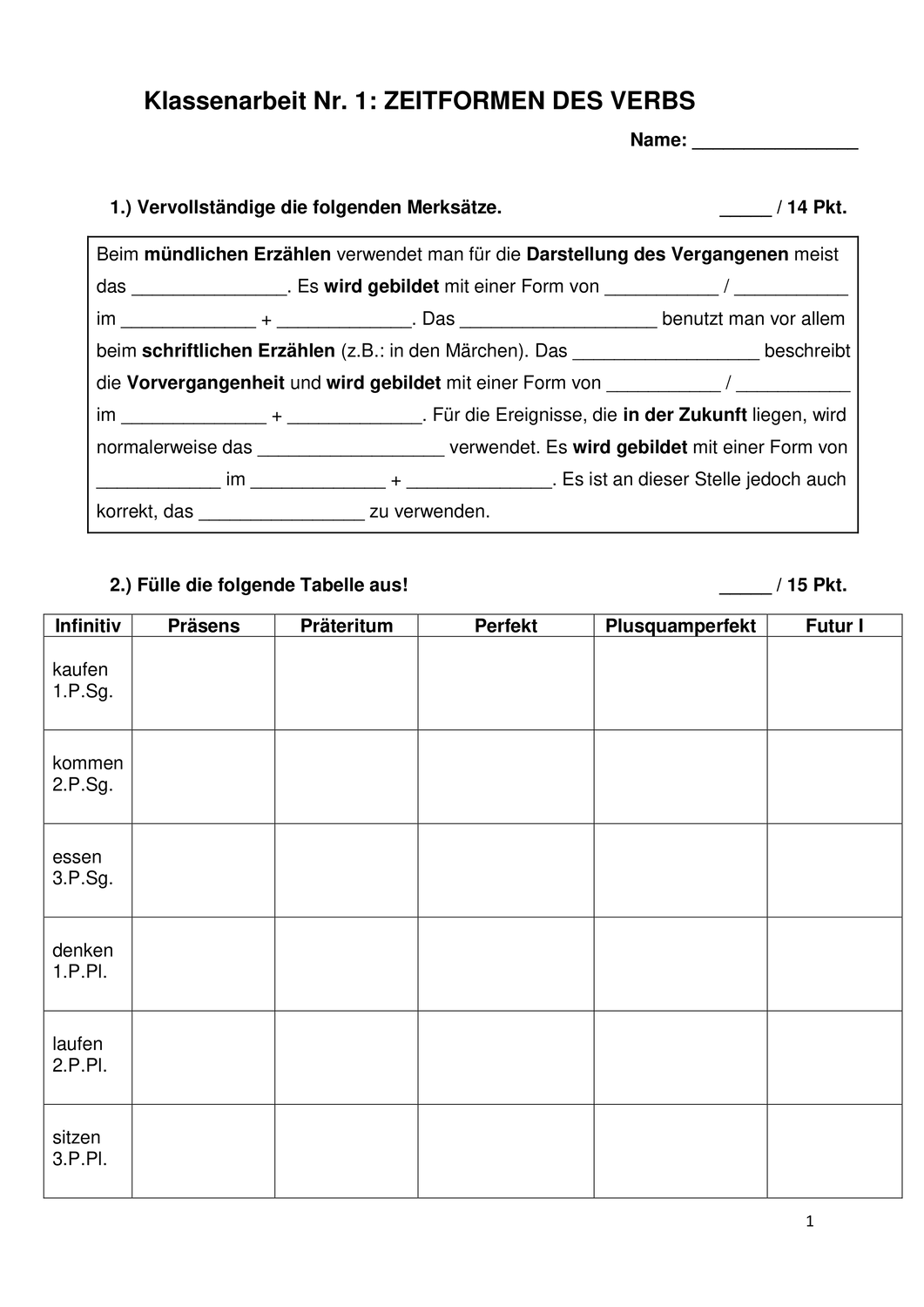 Deutsch 4 Klasse übungen Zum Ausdrucken Zeitformen