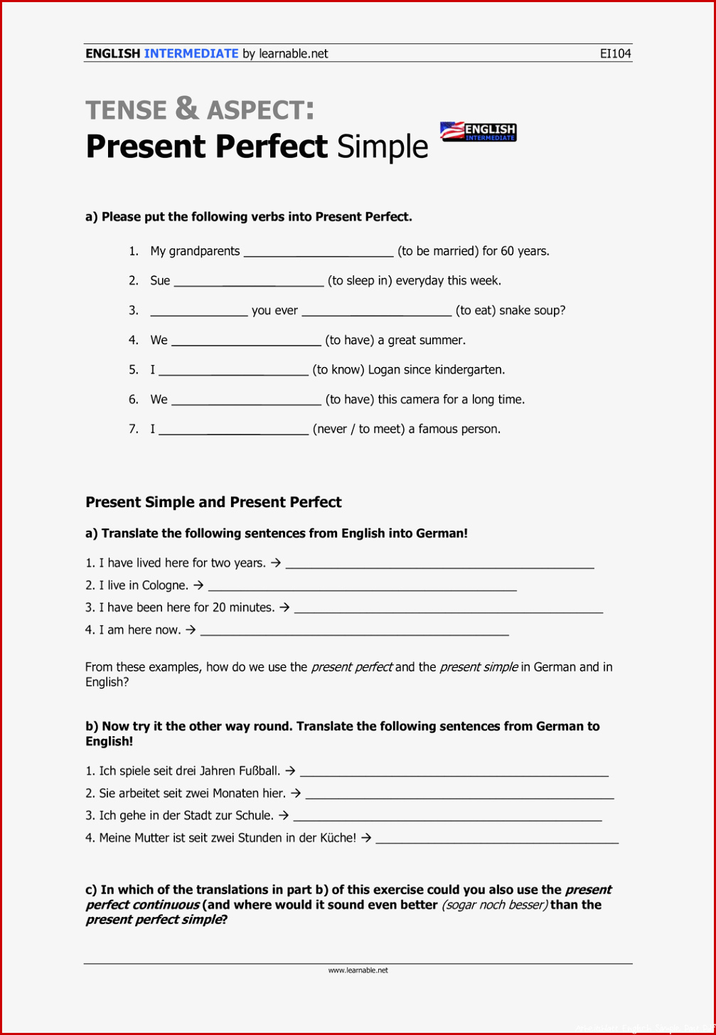 übungen Zum Ausdrucken Present Perfect