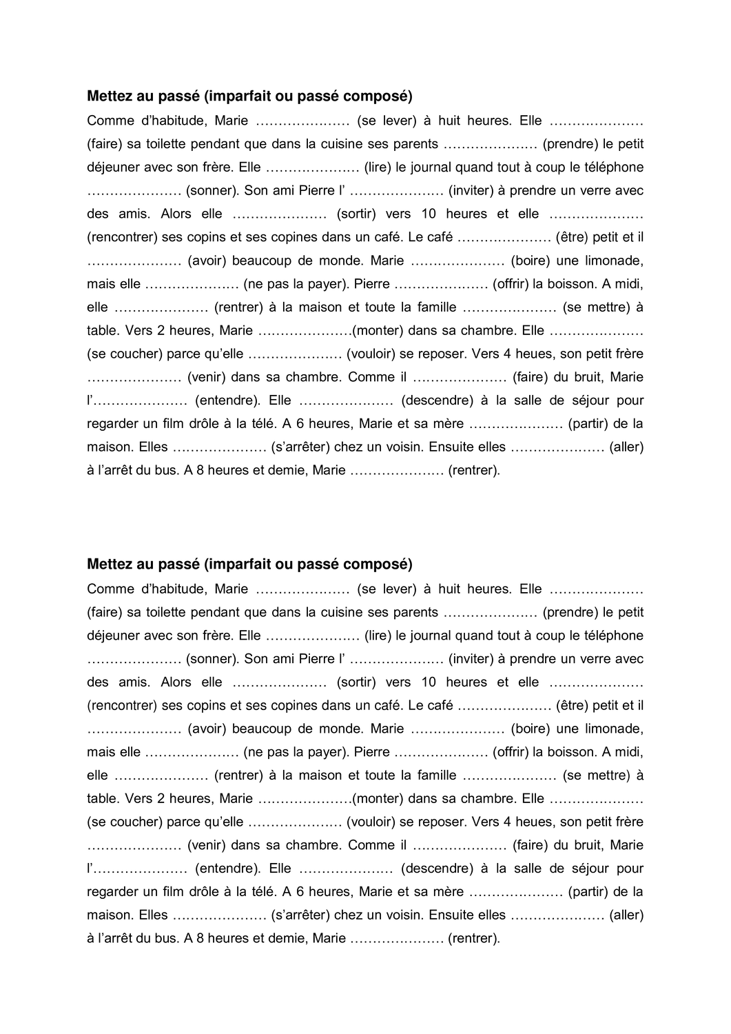 Imparfait Passe Compose übungen Zum Ausdrucken