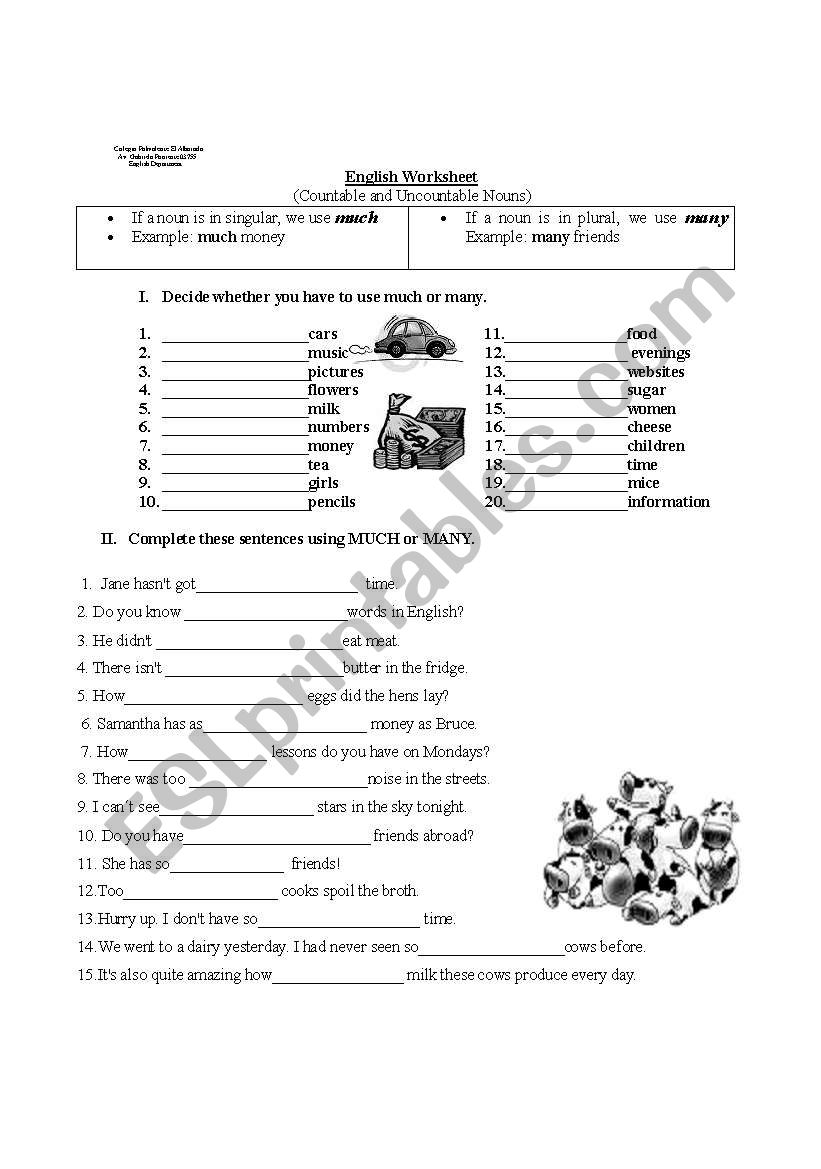 Countable And Uncountable Nouns übungen Zum Ausdrucken