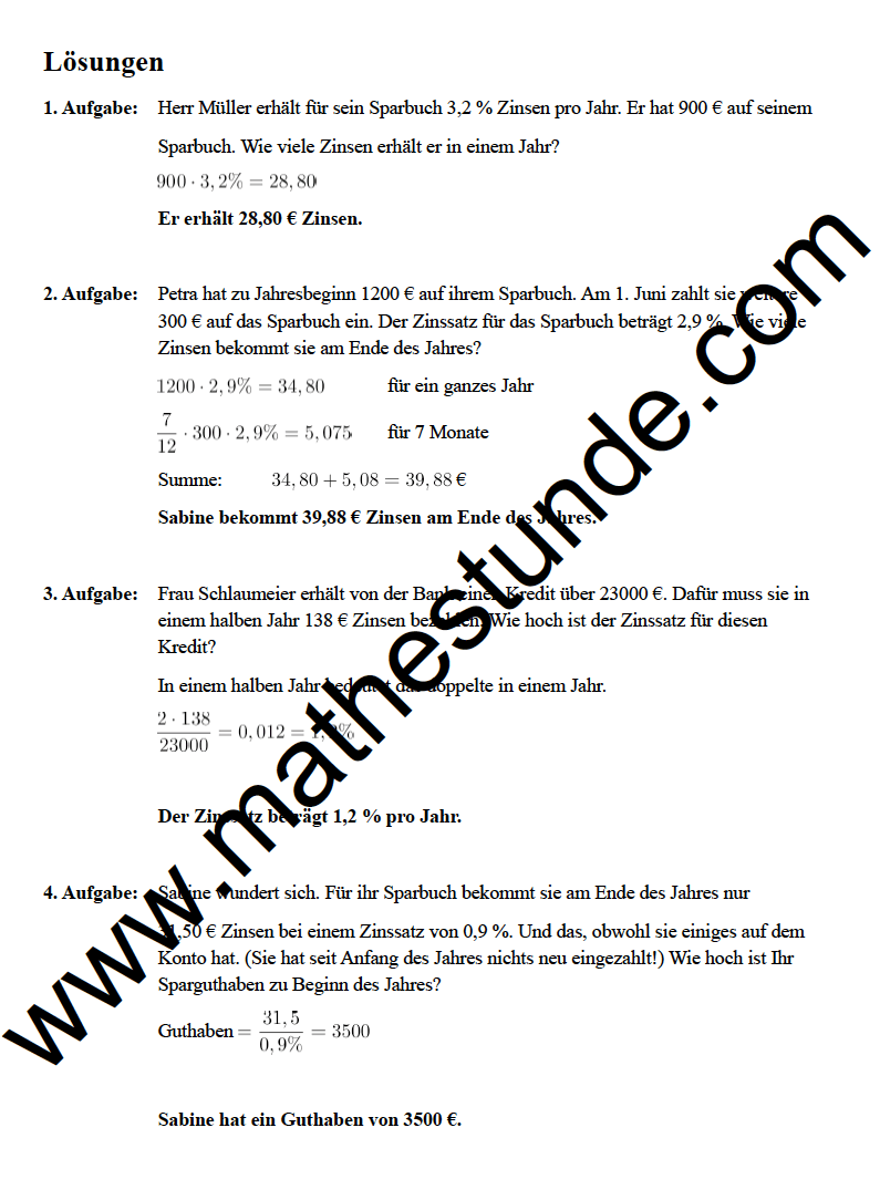 übungen Mathe Zinsrechnung 7.klasse Zum Ausdrucken