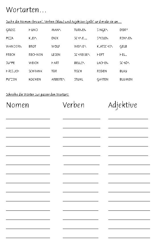 Nomen Verben Adjektive übungen Zum Ausdrucken 3 Klasse