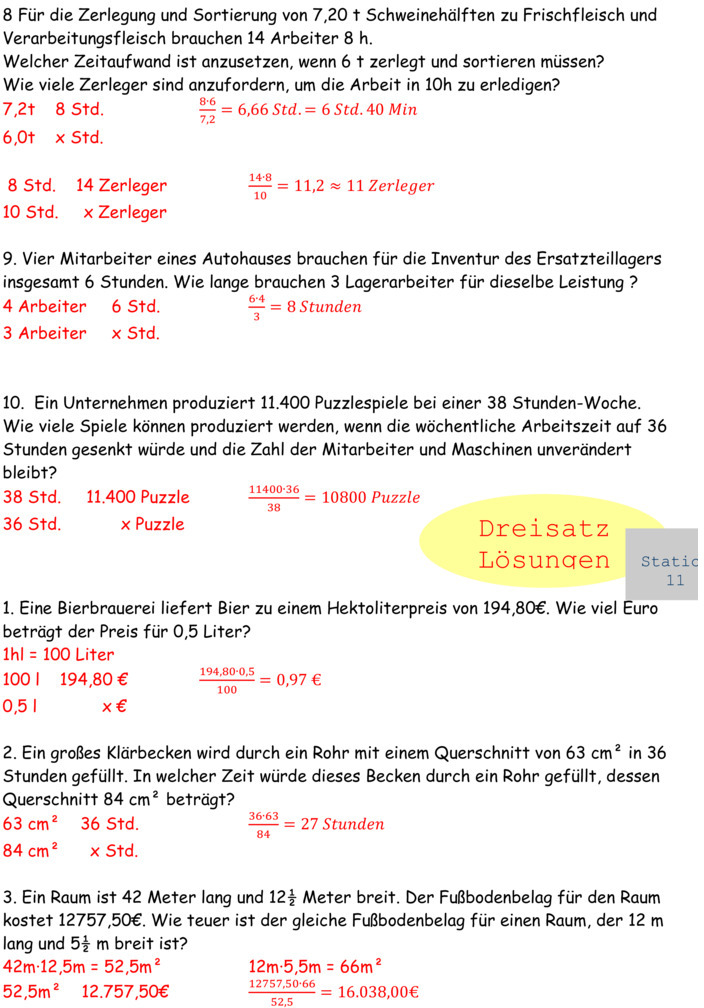 Dreisatz übungen Mit Lösungen Ausdrucken