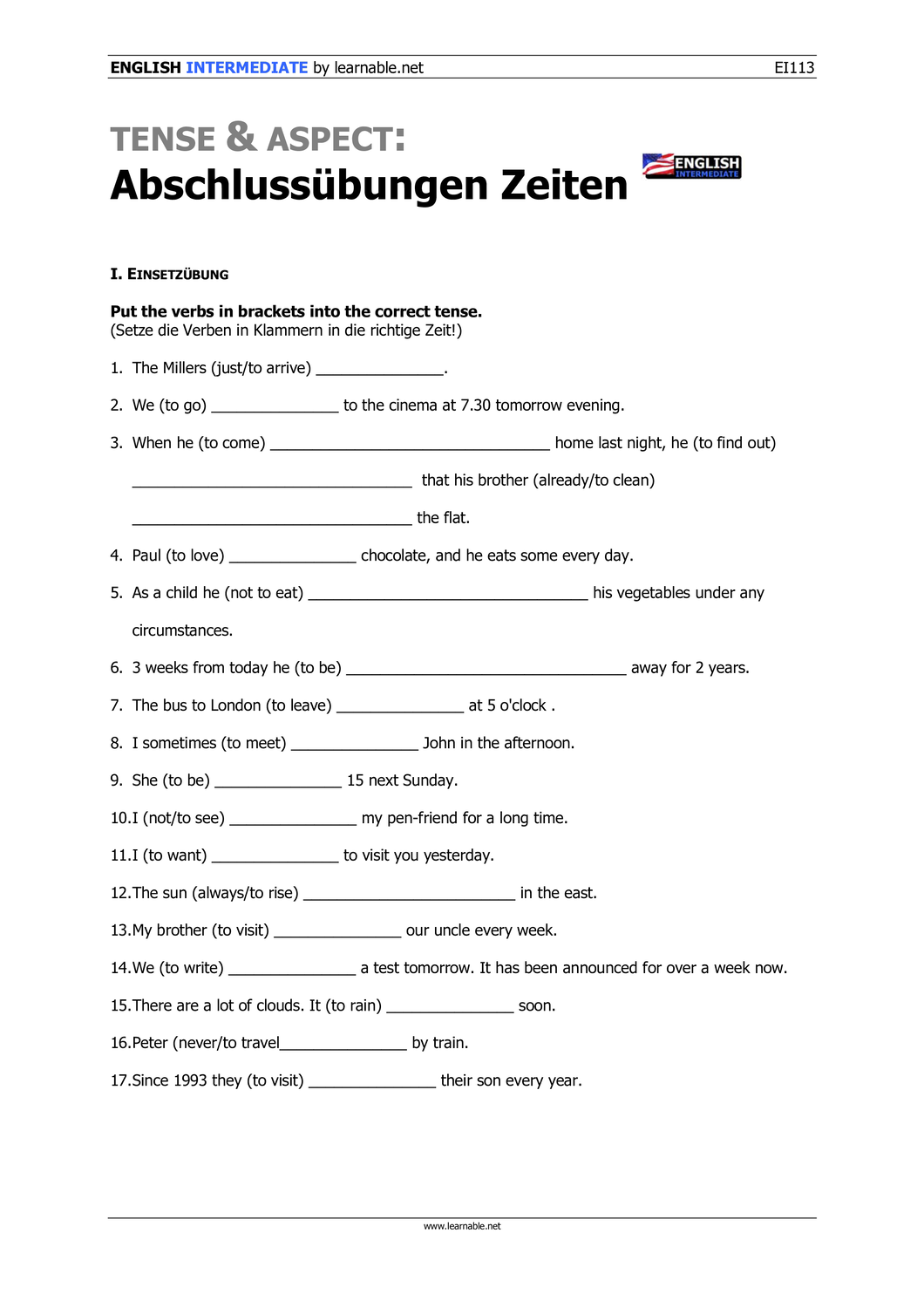 Zeiten Englisch übungen Zum Ausdrucken