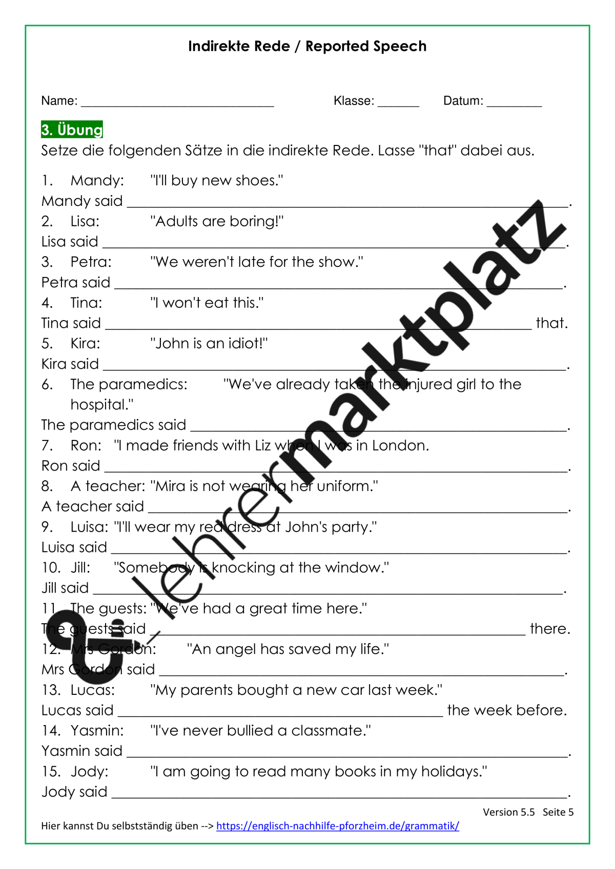 Reported Speech Befehle Und Fragen übungen Mit Lösungen Zum Ausdrucken