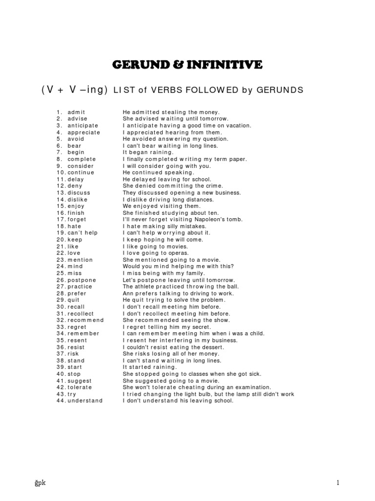 Gerund Or Infinitive übungen Zum Ausdrucken
