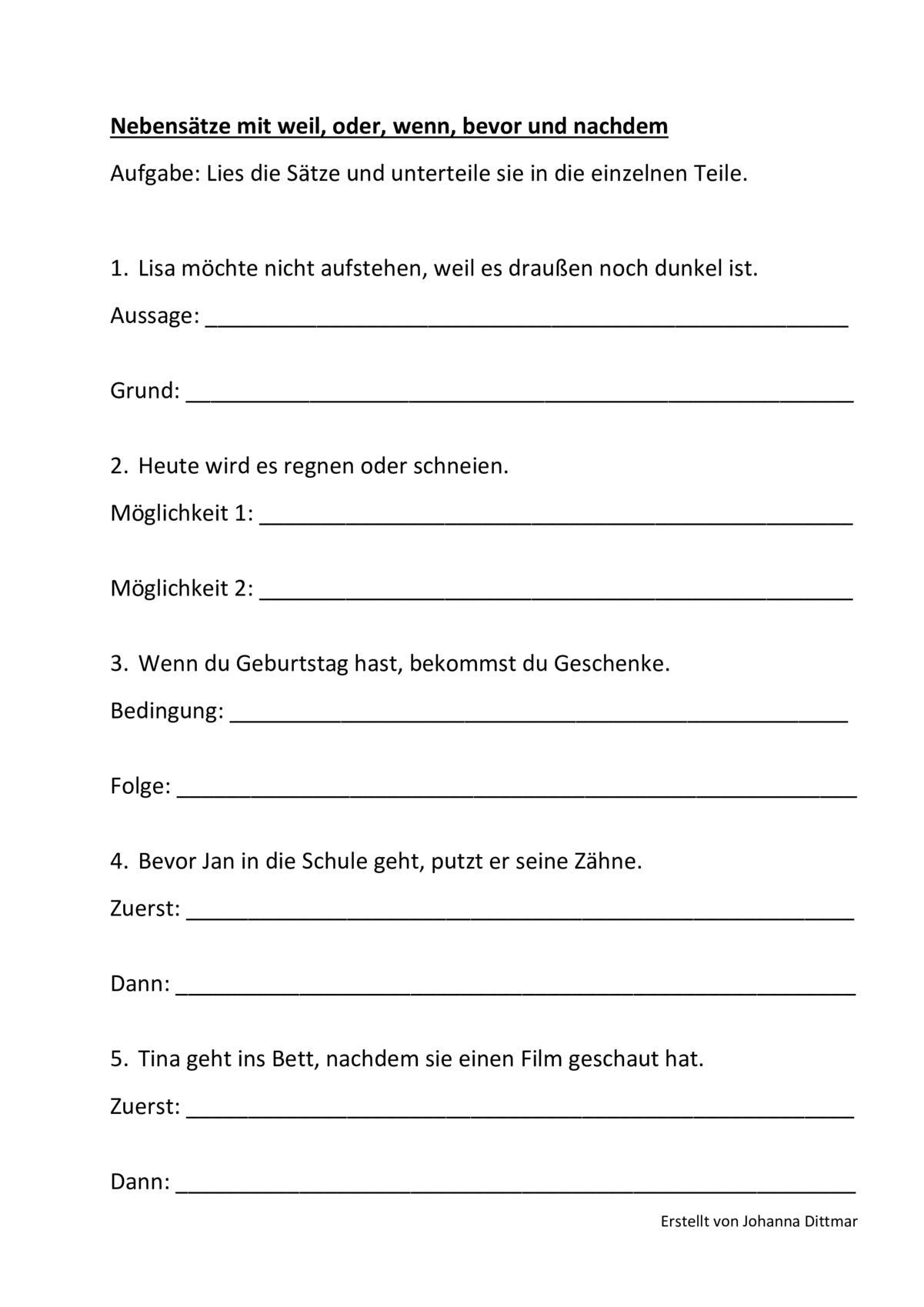 Hauptsatz Gliedsatz übungen Zum Ausdrucken