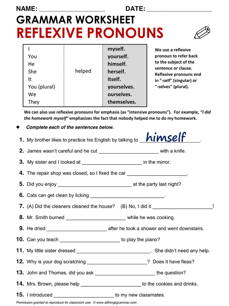 Reflexive Pronouns übungen Zum Ausdrucken Mit Lösungen