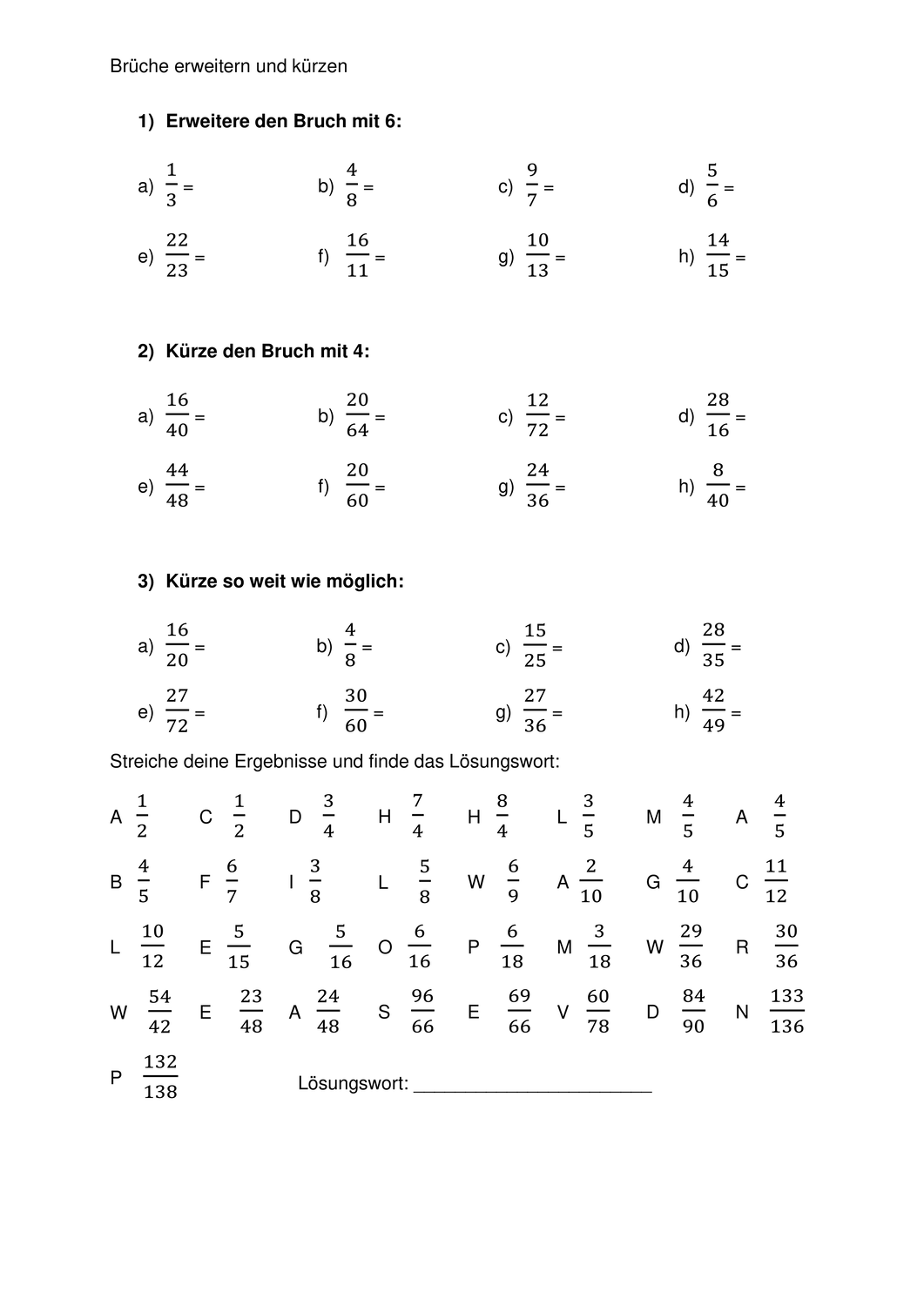 Mathe übungen Klasse 6 Brüche Zum Bearbeiten Und Ausdrucken