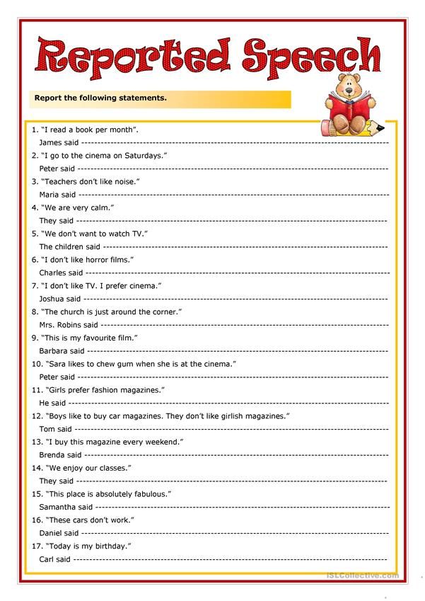 Reported Speech übungen Zum Ausdrucken Pdf