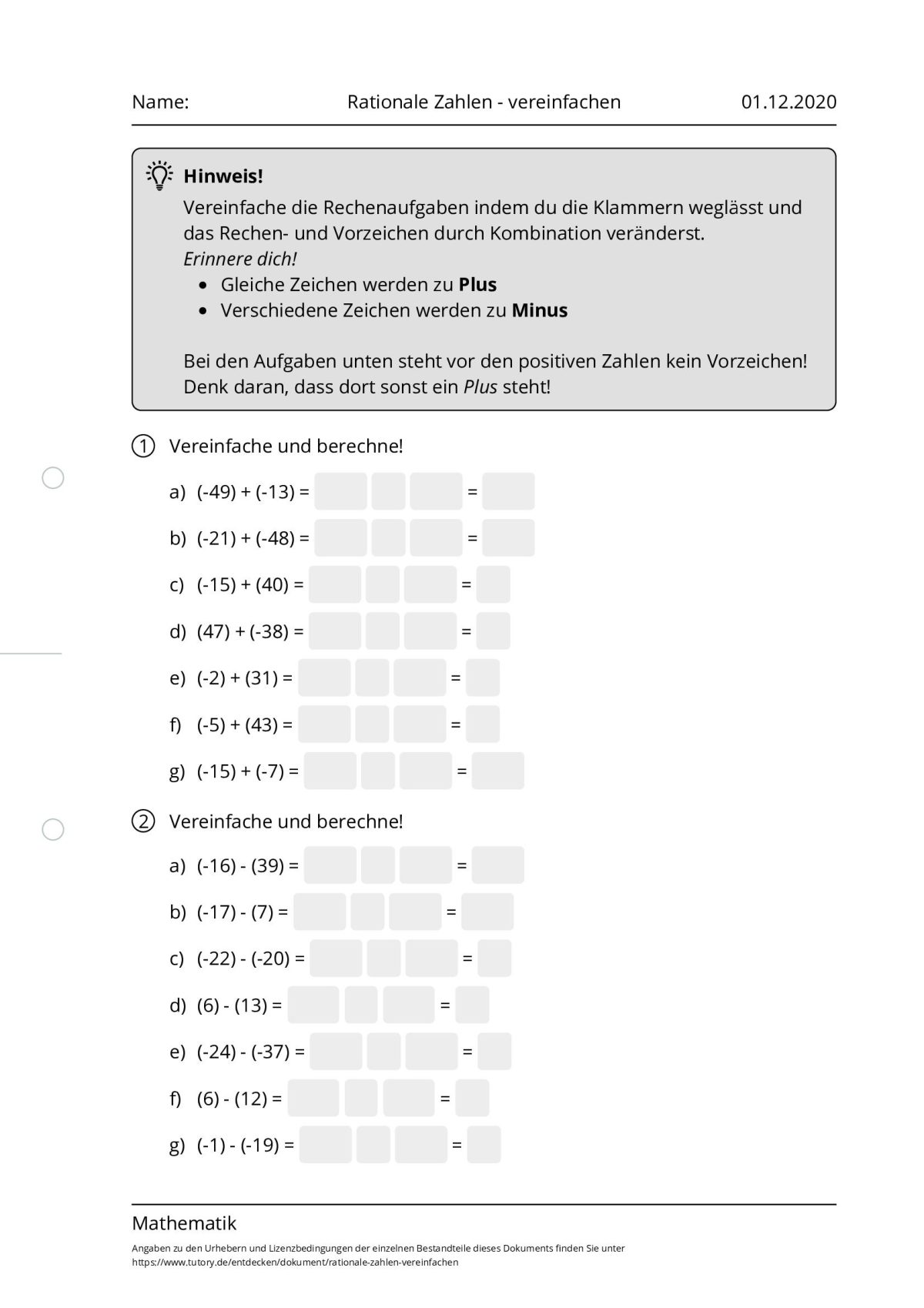 Rationale Zahlen übungen Klasse 7 Zum Ausdrucken