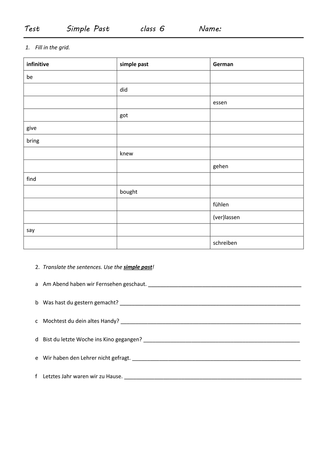 Simple Past Klasse 6 übungen Zum Ausdrucken